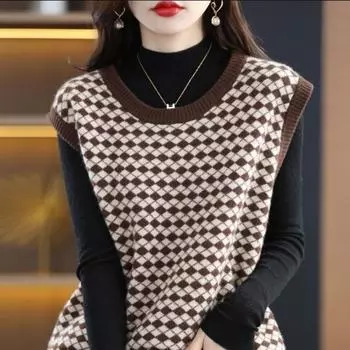 Пуловер, женский жилет, новинка 2022 года, жилет без рукавов с универсальным жаккардовым модным свитером в западном стиле, женские топы One Size чёрный