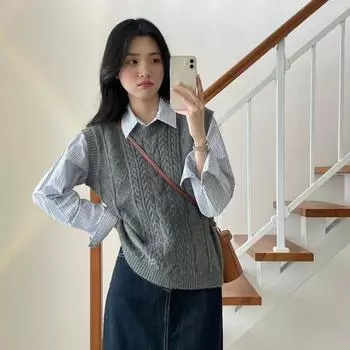 Пуловер жилет 2022 осень и зима колледж твист серый вязаный жилет свитер жилет One Size серый