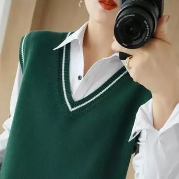 Пуловер, жилет с v-образным вырезом, соответствующий цвету, вязаный жилет для женщин, весенне-осенний жилет без рукавов для колледжа, свободный свитер One Size зелёный