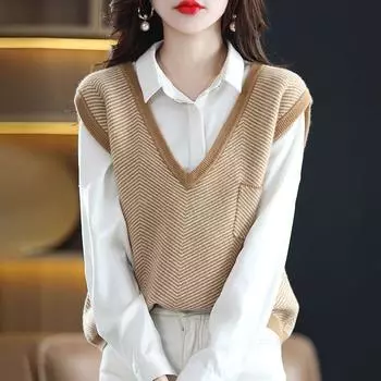Пуловер, жилет с v-образным вырезом, трикотаж, женский жилет, свободный модный повседневный свитер без рукавов, вязаный жилет, свитер, женское пальто