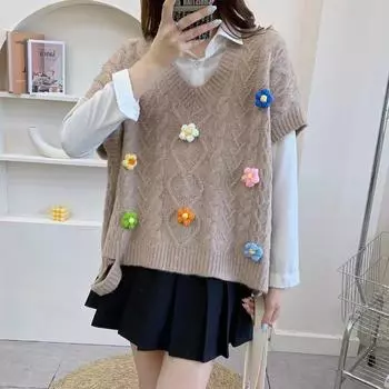 Пуловер, жилет, свитер 2022, жилет в студенческом стиле, вязаный жилет, женский ранний осенний дизайн, свободный пуловер без рукавов, жилет, женский топ One Size хаки