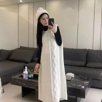 Пуловер, жилет, свитер, корейская версия, универсальный свободный длинный свитер с жареным тестом, длинный вязаный свитер без рукавов, женский One Size чёрный