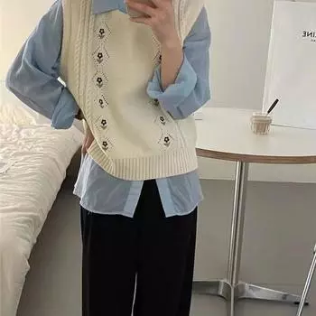 Пуловер, жилет, свитер, винтажный, с круглым вырезом, свободный вязаный жилет, жилет в Корейском стиле, универсальный повседневный свитер с вышивкой, женский жилет