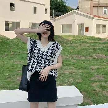 Пуловер, жилет, женская верхняя одежда, вязаный жилет, свитер, весна 2023, свободная верхняя одежда в Корейском стиле, свитер с v-образным вырезом, топ на бретелях, женское пальто One Size чёрный