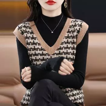 Пуловер, жилет женский, 2022, жилет, женский цветной свитер без рукавов с v-образным вырезом, свободный и носимый на улице, вязаный свитер, жилет