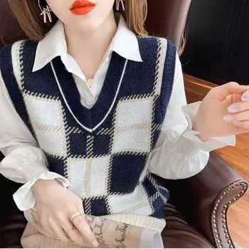 Пуловер, жилет, женский весенний новый верхняя одежда, вязаный жилет на клипсе, универсальный жилет, пуловер без рукавов, свитер, женские топы One Size хаки