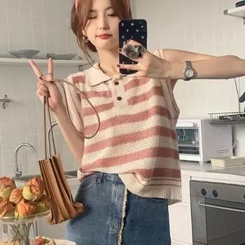 Пуловер, жилет, женский вязаный топ на бретельках с воротником поло в полоску для женщин, лето 2022, свободный корейский жилет без рукавов, свитер, женский топ