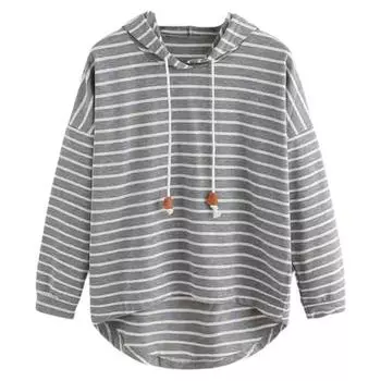 Пуловерная рубашка в полоску с принтом, свободная полиэстеровая эластичная повседневная женская толстовка с капюшоном для дома M серый