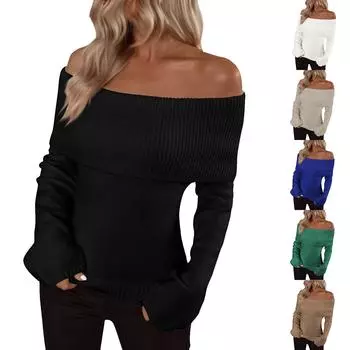 Пуловеры Джемперы Топы Женские С открытыми плечами Складной свитер Вязаные Осенние свитера L бежевый