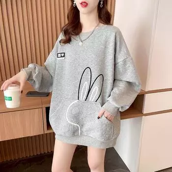 Пуловеры с кроликом, женские повседневные свободные тонкие топы, весна-осень, трендовый карманный пуловер, модные милые свитшоты, одежда 2000 года XXL чёрный