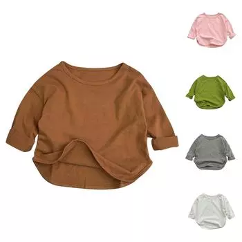 Пуловеры с круглым вырезом для мальчиков и девочек, футболки с длинными рукавами, однотонные детские топы 80 коричневый