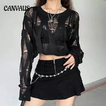 Пуловеры с вырезами для женщин, черная осень, уличная одежда, индивидуальный повседневный свободный корейский стиль, модный однотонный сексуальный трикотаж, новый гранж S чёрный