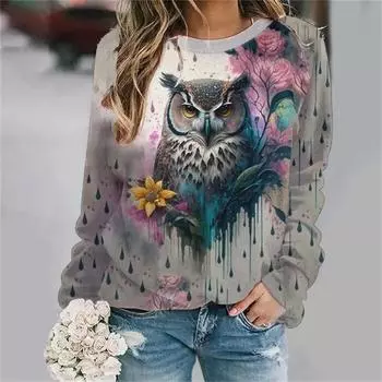 Пуловеры со стилем животного и принтом совы для женщин, 2024, свитер с длинными рукавами и 3D принтом, свободные толстовки для отдыха, S-8XL, модные XXL