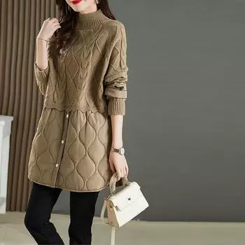 Пуловеры-свитера сохраняют тепло на осень и зиму, свободные искусственные два предмета с высоким воротником, вязаные штаны, лоскутный хлопковый свитер, женский One Size чёрный