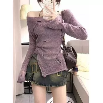 Пуловеры женские с дырками, с боковыми разрезами, нерегулярные, тонкие, с круглым вырезом, в чистом корейском стиле, удобные, повседневные, шикарные, в уличном стиле, простые, универсальные One Size белый