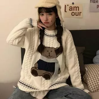 Пуловеры женские с рисунком Kawaii Harajuku, полосатый простой свитер, теплый зимний студенческий уличный свитер с длинными рукавами S темно-синий