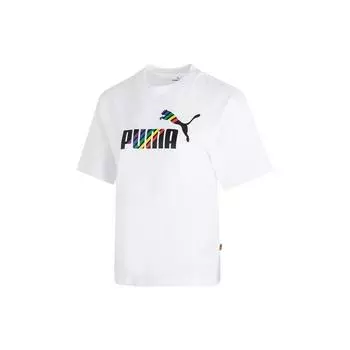 PUMA American Retro Letter Logo Print Breathable Round Neck Short Sleeve Drop Shoulder T-Shirt Women Tops White 676682-02