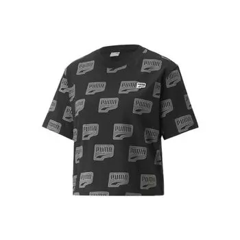 Puma Downtown Series Solid Logo Print Pullover Short Sleeve T Shirt Women Tops Black 537624-01 M