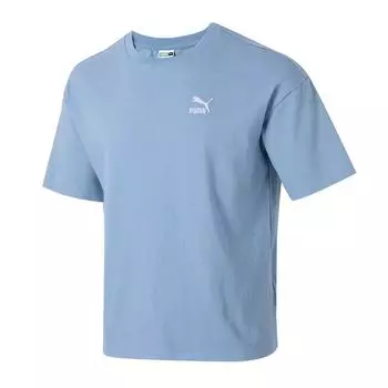 Puma Футболка унисекс с коротким рукавом и круглым вырезом, однотонная, с вышитым логотипом, спортивная, дышащая, синяя 627004-20 M