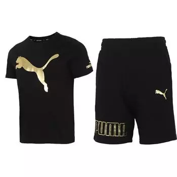Puma Gold Foil Lolo Print Solid Color Sports Casual Short Sleeve T Shirt And Shorts Set Men Set Black 533191-01+847590-51 L