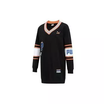 PUMA Urban Vintage Badge Logo Print Sports Casual Knit Long Sleeve Dress Women Dress Black 677380-01 L