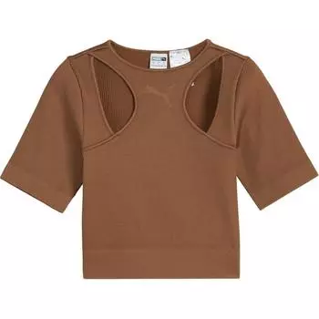 Puma Круглый вырез, чистый цвет, маленький логотип, облегающая футболка с коротким рукавом, женские топы, коричневый цвет 627875-82 L
