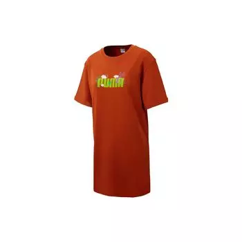 Puma Logo Print Sports Casual Street Style Comfortable Soft Airful Pullover Round Gown Short Sleeve Dress Women Dress Coffee 538774-64 S
