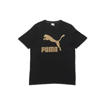 Puma Metallic Gold Logo Print Повседневная спортивная футболка Мужские топы Черные 532280-98 S