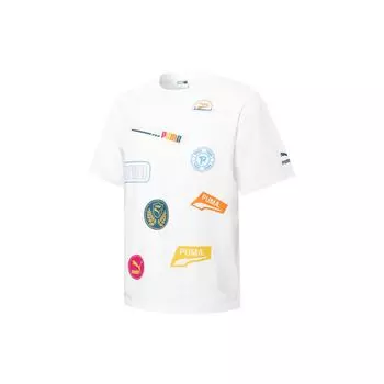 Puma Mix Badge Logo Printed Geometric Pattern Round Neck Short Sleeve T-Shirt Unisex Tops White 537795-02
