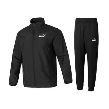 Puma Однотонная удобная куртка на молнии с воротником-стойкой, тканые длинные брюки со средней талией и манжетами, повседневный спортивный костюм для мужчин, черный 687105-01+685639-51 M