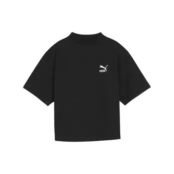 Puma однотонный повседневный вышитый дизайн полувысокий воротник пуловер короткий рукав футболка женские топы черный 626071-01 S