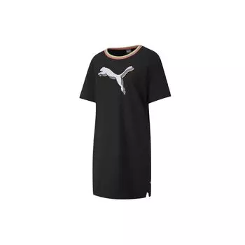 Puma Праздничное цветное блоковое логотипное повседневное удобное дышащее платье с круглым вырезом и коротким рукавом женские платья черного цвета 585049-01 M