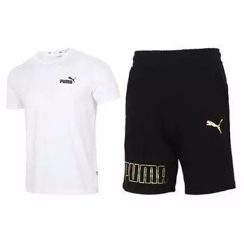 Puma Спортивный костюм с небольшим логотипом, круглым вырезом, коротким рукавом, футболкой, повседневными дышащими шортами, мужской костюм 845925-02+847590-51 M