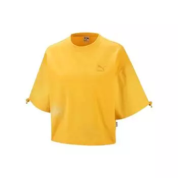 Puma Ss23 Дань уважения китайской культуре, однотонный принт, круглый вырез, свитер, повседневная футболка с коротким рукавом, женская футболка, горчичный цвет 621936-40 S