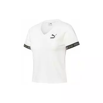 Puma Womens Casual Logo V-Neck Breathable Short Sleeve T-Shirt Women Tops White 532709-02 M