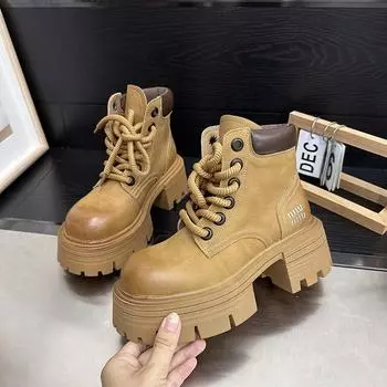 PUMaterial ретро осень и зима новые кексы толстая подошва ревеневые сапоги с британским ветром увеличивающие женские короткие сапоги 35