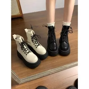 PUMaterial Thick-soled autumn and winter plus velvet to keep warm, short and tall with retro British women s short boots. 35 бежевый