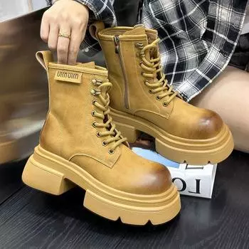 PUMaterial Thick-soled autumn and winter plus velvet to keep warm, short and tall with retro British women s short boots. 35