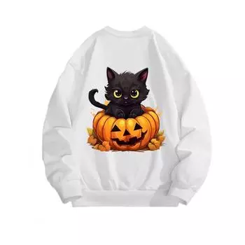 Pumpkin Black Cat Fashionable Printed Top, Autumn and Winter Casual Sportswear, Cotton Sweatshirt M белый