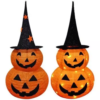 Pumpkin Lantern with Stand 50 LED Lighted Pumpkin Man with Star Black Top Hat Waterproof Orange LED Light Up Collapsible Pumpkin B