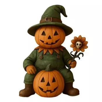 Pumpkin Man Figurine Scary Halloween Pumpkin Head Scarecrow Statue with Skull Sunflower Mini Desktop Ornament for Tabletop Mantel Bookshelf Decor 1pc