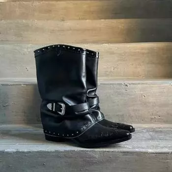 Punk boots women s autumn and winter high-end trousers boots winter new pointed rivets pleated high heel thick heel short boots 35