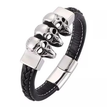 Punk Bracelet Skull Skeleton Stainless Steel Leather Bracelets & Bangles Men Black Braid Leather Punk Male Jewelry BB0188 165mm чёрный