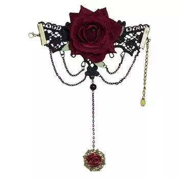 Punk Goth Rose Lace Ring Gloves Lolita Dark red rose