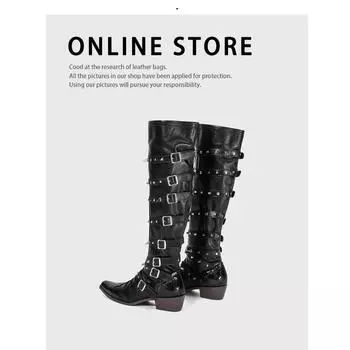 Punk goth style wide tube cowboy boots wasteland pointed pile boots women s new rivet long tube boots 35