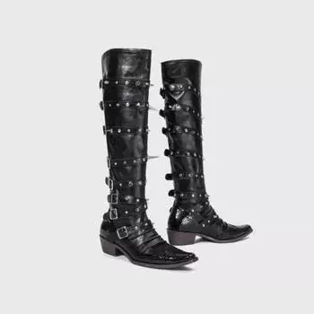 Punk goth wide cowboy boots wasteland pointed pile boots women s rivet long boots 35