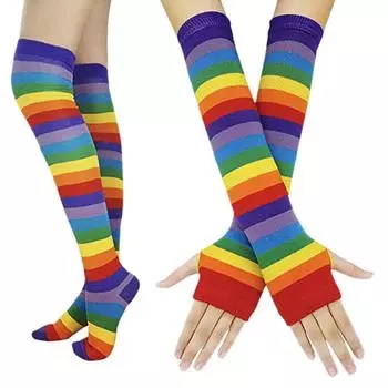 Punk Gothic Color Stripe Long Arm Warmer Fingerless Gloves Socks Sets