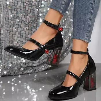 Punk Gothic High Heels Pumps Woman Ankle Straps Black Mary Jane Shoes Women 2025 New Rose Heeled Patent Leather Lolita Shoes 35