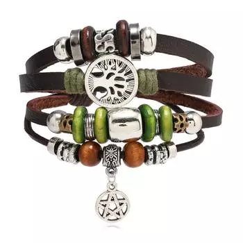 Punk handmade beaded cowhide bracelet alloy tree of life logo leather woven bracelet fashion коричневый