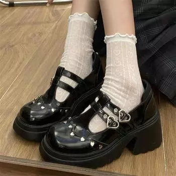Туфли-лодочки на высоком каблуке с пряжкой в виде сердца в стиле панк, женские, 2024, новые, Y2K, черные, на толстой платформе, в стиле Лолиты, женские, с металлической пряжкой, готические туфли 35 чёрный